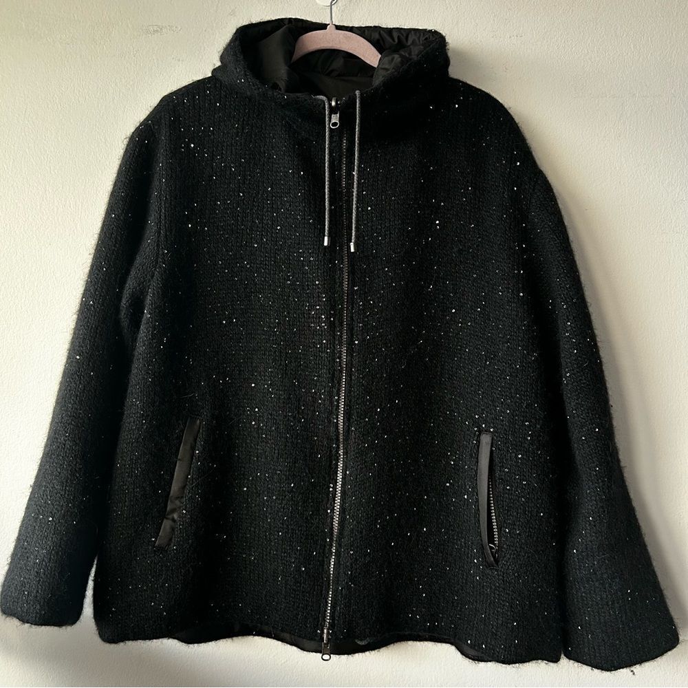 TONET Alpaca blend Black Hooded Zip-Up Reversible Jacket made In Italy